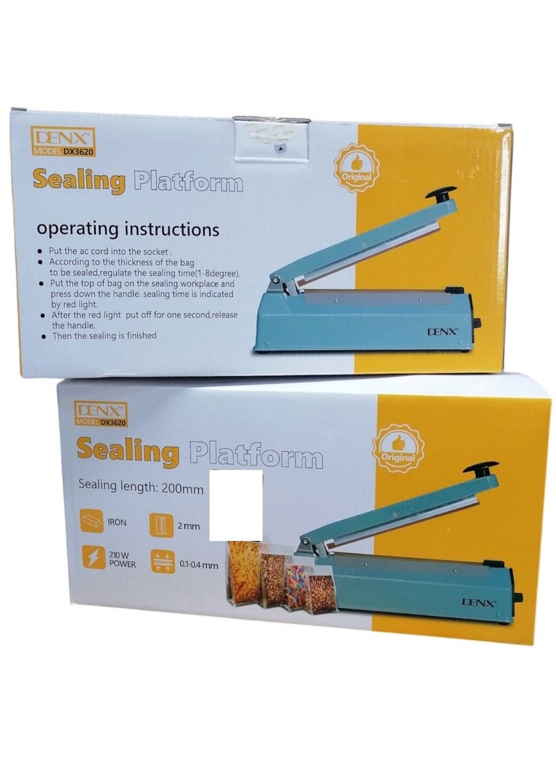 Denx Electric Impulse Sealer Machine with UK Plug - 200mm, 210W - Manual Bags Sealing Machine with 8 Adjustable Temperature Levels for Quick Heating - Ideal for Plastic PP, PE Bags, Pouches, Food Packaging, and Small Business Use - Image 1
