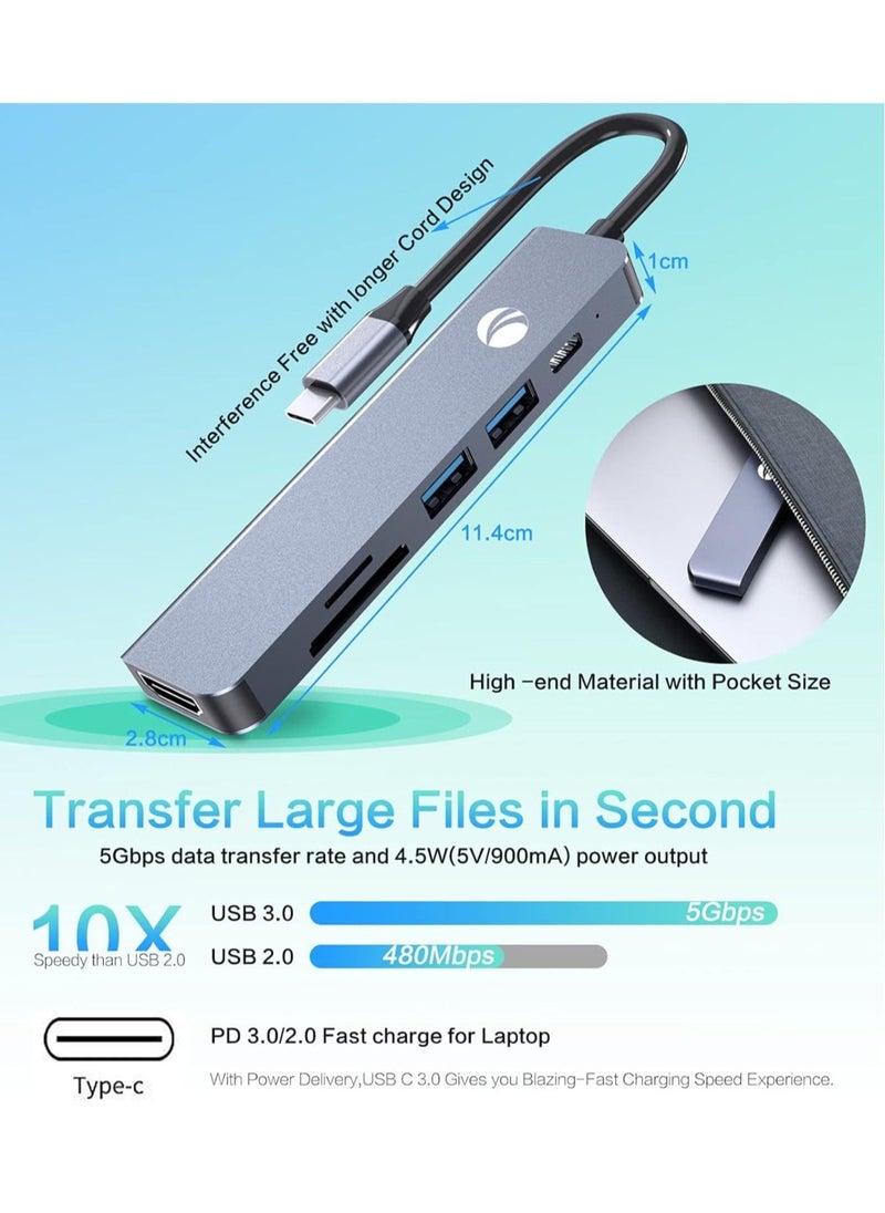 JAJEEK "NEW 6-in-1 USB-C Hub Docking Station – 4K HDMI, SD/TF Card Slots, 2 USB 3.0 Ports & 60W Power Delivery for Seamless Connectivity" - Image 2