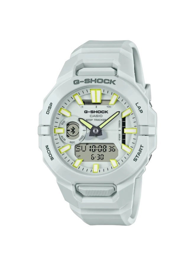 كاسيو ساعة يد كاسيو جي-شوك (G-Shock) تناظرية-رقمية، باللون الأبيض مع لمسات صفراء، ومزودة بميزة تتبع الخطوات. - Image 1