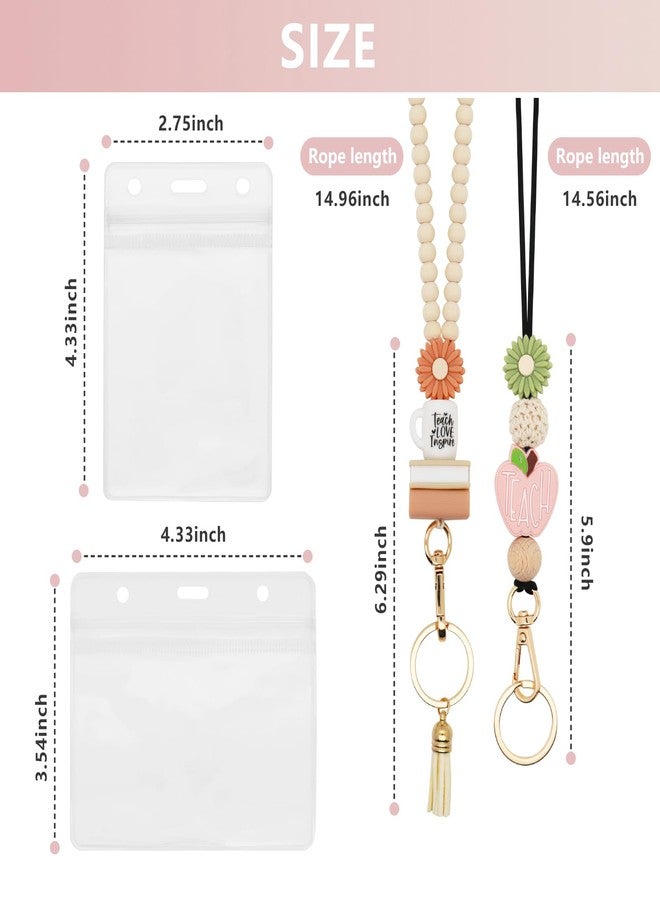 Frutain 2 Pcs Teacher Lanyards with 2 PCS ID Badges Holder Wood Silicone Beaded Lanyard for Keys Cute Breakaway Lanyards Necklace for ID Badges Woman Teacher Nurse Office - Image 2