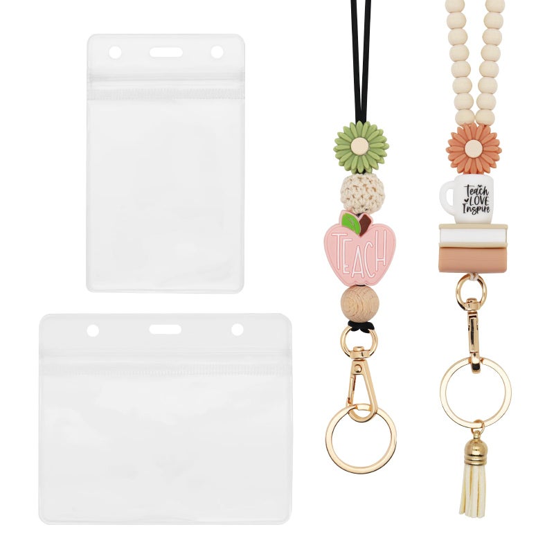 Frutain 2 Pcs Teacher Lanyards with 2 PCS ID Badges Holder Wood Silicone Beaded Lanyard for Keys Cute Breakaway Lanyards Necklace for ID Badges Woman Teacher Nurse Office - Image 1