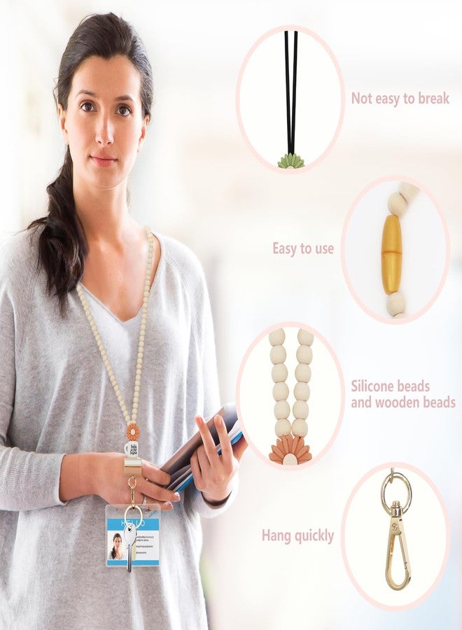 Frutain 2 Pcs Teacher Lanyards with 2 PCS ID Badges Holder Wood Silicone Beaded Lanyard for Keys Cute Breakaway Lanyards Necklace for ID Badges Woman Teacher Nurse Office - Image 3