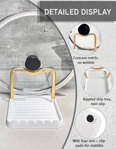 CHANNICORNER Anti-Rust Metal Spoon Rest with Lid Holder, Heat-Resistant Pot Lid Rest, Multifunctional Spatula Holder While Cooking for Stovetop and Kitchen Counter – Gold White - Image 5