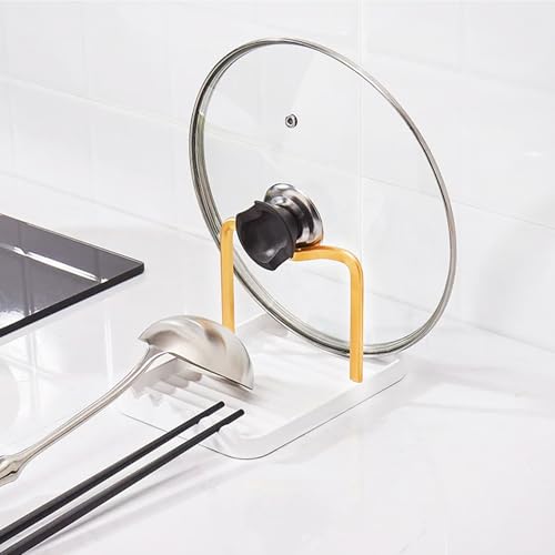 CHANNICORNER Anti-Rust Metal Spoon Rest with Lid Holder, Heat-Resistant Pot Lid Rest, Multifunctional Spatula Holder While Cooking for Stovetop and Kitchen Counter – Gold White - Image 3