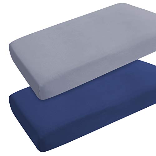 Coldwind Pack and Play Sheets Boy Girl, 2 Pack Portable Playard Sheet Fits for Graco Pack N Play, Snug Fit Breathable Soft Fitted Playpen Sheet, Mini Crib Sheets, Grey & Navy - Image 1