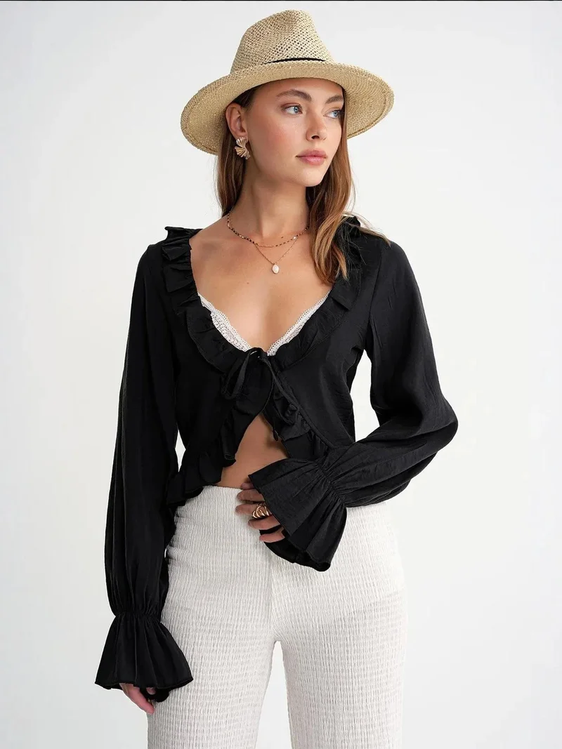 MixRay Mixray Frilly V-Neck Long Sleeve Crop Blouse