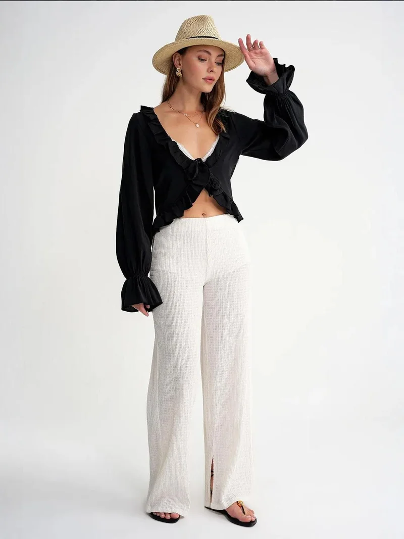 MixRay Mixray Frilly V-Neck Long Sleeve Crop Blouse