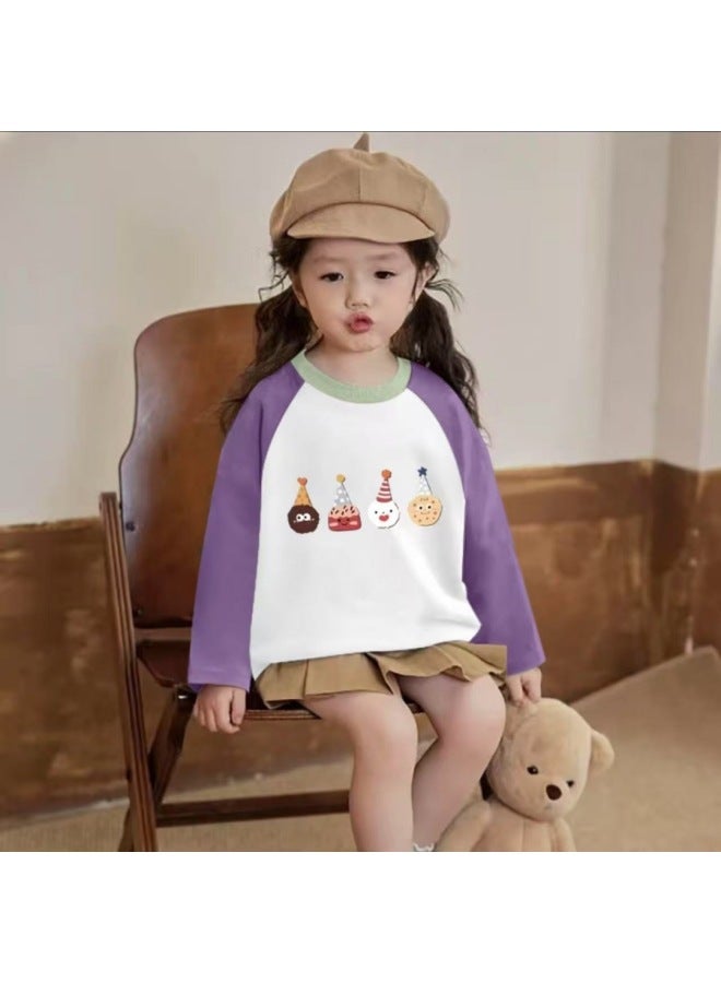 "تيشيرت بناتي من القطن النقي، طراز جديد عصري، سترة للأطفال ربيع وخريف متعددة الاستخدامات بأكمام طويلة مع تفصيل سفلي، ملابس الخريف" - Image 1