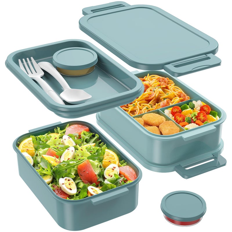 Jelife Bento Box Adult Lunch Box 72oz Stackable Bento Lunch Box for Adults 3 Layers AllinOne Large Bento Box LeakProof Lunchbox with Utensil Sauce Dressing Containers for Dining OutWork Green