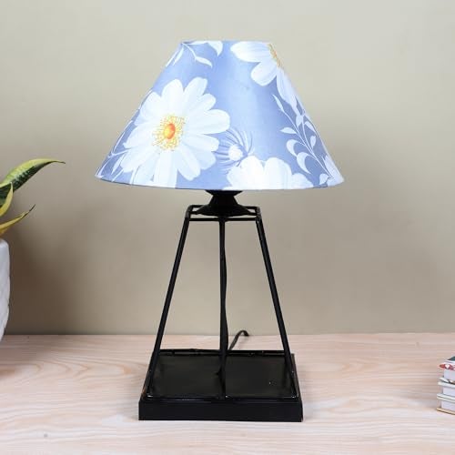 tu casa Warm Light Black Metal Bedside Table Lamp with Narcissue Floral Print Satin Shade for Home Decoration Bedroom Living Room Lounge Office Festival Decor & Gifting Study Table H - 15" / No Blub - Image 5