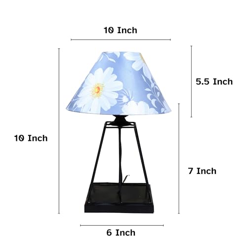 tu casa Warm Light Black Metal Bedside Table Lamp with Narcissue Floral Print Satin Shade for Home Decoration Bedroom Living Room Lounge Office Festival Decor & Gifting Study Table H - 15" / No Blub - Image 3