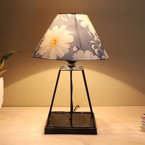 tu casa Warm Light Black Metal Bedside Table Lamp with Narcissue Floral Print Satin Shade for Home Decoration Bedroom Living Room Lounge Office Festival Decor & Gifting Study Table H - 15" / No Blub - Image 1