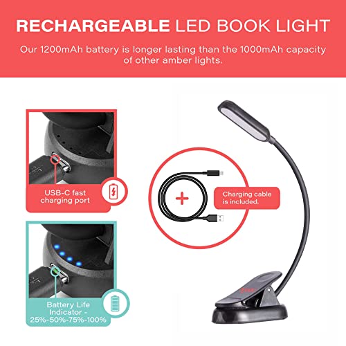 hooga Amber Book Light, Blue Light Blocking - Dual Mode Rechargeable Night Reading Light, 1600K Amber and 625nm Red for Reading in Bed at Night. Gift for Students, Kids, Travel, Study. - Image 4
