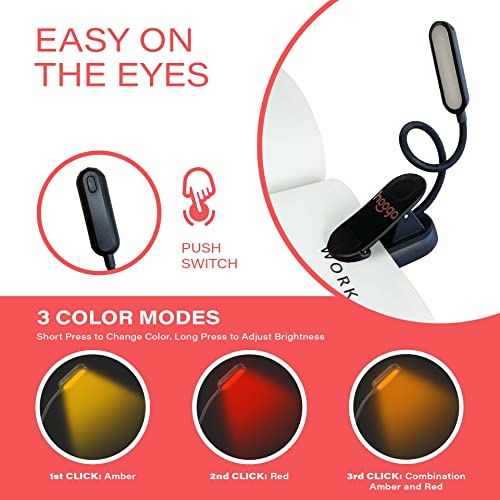 hooga Amber Book Light, Blue Light Blocking - Dual Mode Rechargeable Night Reading Light, 1600K Amber and 625nm Red for Reading in Bed at Night. Gift for Students, Kids, Travel, Study. - Image 3