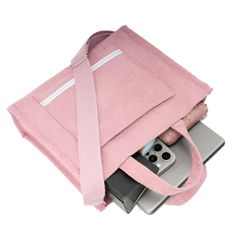REDSINDA Aesthetic Corduroy Tote Bag Small Vintage Women Crossbody Bag Square Handbag Everyday Bag Mini Travel Shoulder Bag (Stripe Pink) - Image 3