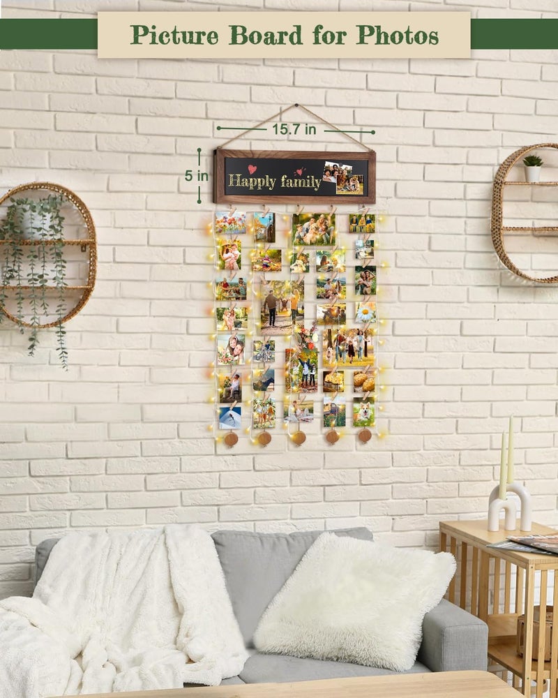 Keebofly Picture Frames Collage Photo Hanging Display Picture Board Wood Rustic Frames for Dorm Room Decor and Wall Decor with Blackboard and 30 Clips Carbonized Black - Image 3