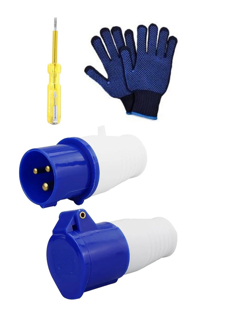 ABBASALI 16A 240V Site Trailing Plug & Socket 230V 16A 3 Pin PCE 240 Volt Blue Hook Up, Weather Proof Industrial Socket, IP44 Industrial 16A Plug & Sockets Blue With 1Pc Tester & 1Pair Gloves (1 Set)  - Image 1