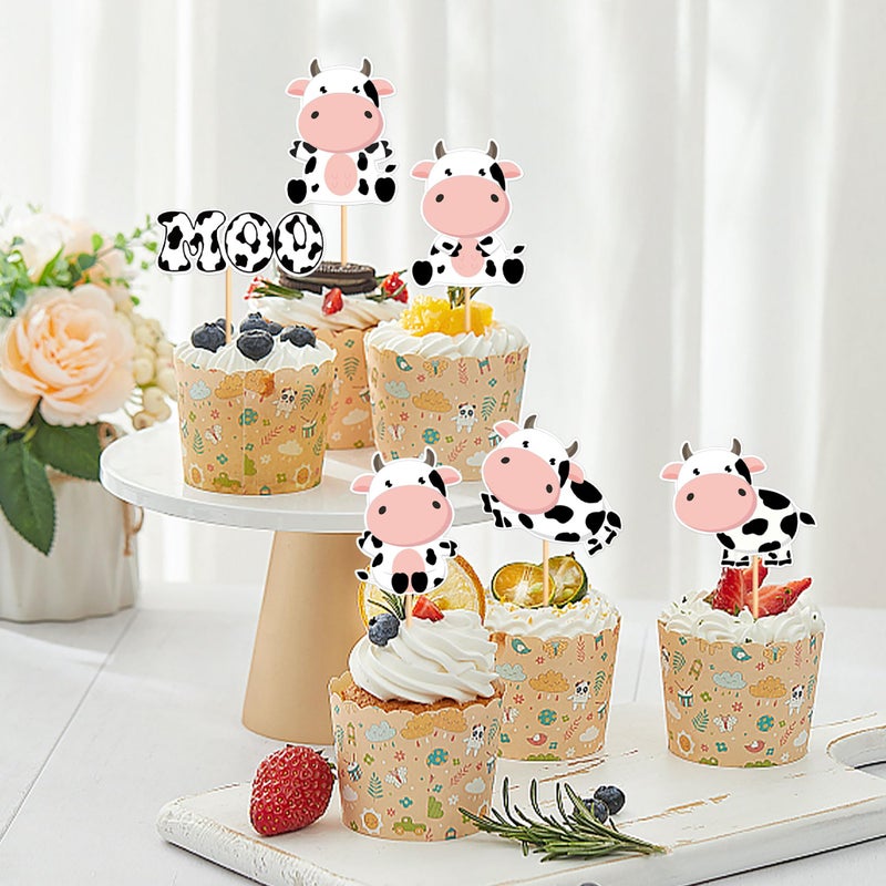 Ercadio 30Pcs Cow Cupcake Toppers Farm Animals Cow Moo Cupcake Picks Cow Theme Baby Shower Kids Birthday Farm Animal Theme Party Cake Decorations Supplies - Image 4