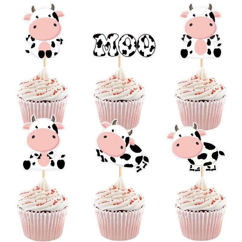 Ercadio 30Pcs Cow Cupcake Toppers Farm Animals Cow Moo Cupcake Picks Cow Theme Baby Shower Kids Birthday Farm Animal Theme Party Cake Decorations Supplies - Image 1
