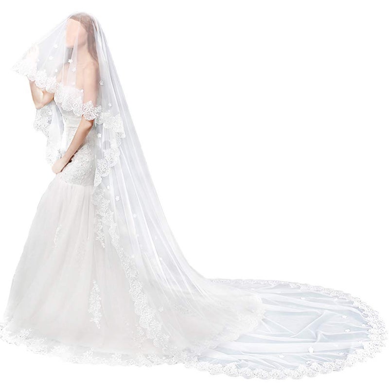 TINTON LIFEÂ® Wedding Bridal Veil Cathedral Lace Edge Womem's Long Appliques Veil 2 Tier, Light Ivory(3Meters)