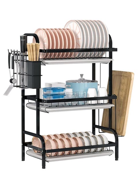 حامل تجفيف الأطباق بثلاث طبقات مع حامل أدوات ولوح تقطيع ومصفاة أطباق ومجفف أطباق للمطبخ ومنظم تخزين أطباق ورف سكاكين بسعة كبيرة باللون الأسود 61 × 42 × 23.5 سم للطاولة