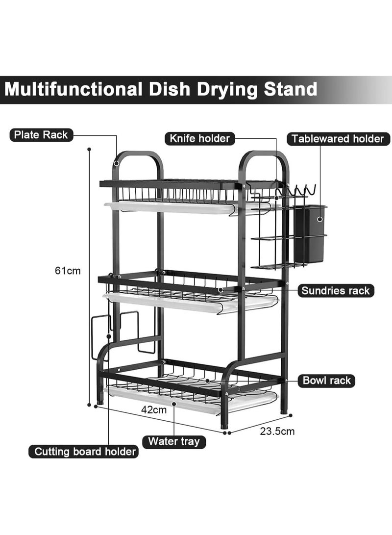 Scrolls 3 Tier Dish Rack Dish Drying Stand with Utensil & Cutting Board Holder Dish Drainer Kitchen Dish Dryer Dish Storage Organizer Large Capacity Knife Rack Black 61x42x23.5cm for Counter - Image 3