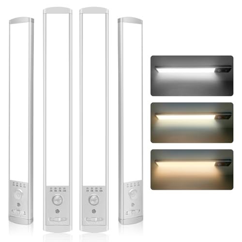 CPFLITA Under Cabinet Lighting 4Pack Motion Sensor Light Indoor with 3 Color Temps Rechargeable Under Counter Lights for KitchenDimmable Closet Lights Battery Operated 76 LED Motion Sensor Light Indoor - Image 1