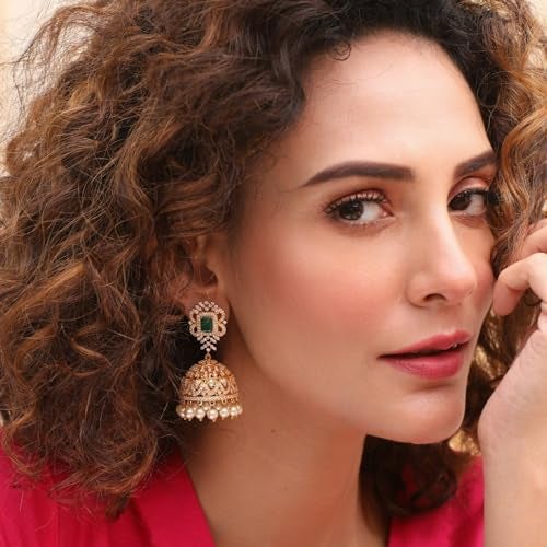 TARINIKA Antique Gold-Plated Indian Jhumka Earring for Women Brass CZ Temple Design Desi Dangle Jewelry Wedding Jewelry Ethnic Occasion Gift for Her (Classic Antique (Green)) - Image 2