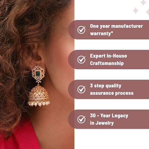 TARINIKA Antique Gold-Plated Indian Jhumka Earring for Women Brass CZ Temple Design Desi Dangle Jewelry Wedding Jewelry Ethnic Occasion Gift for Her (Classic Antique (Green)) - Image 4