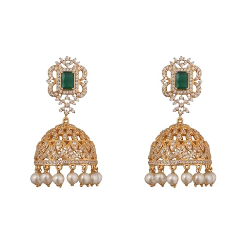 TARINIKA Antique Gold-Plated Indian Jhumka Earring for Women Brass CZ Temple Design Desi Dangle Jewelry Wedding Jewelry Ethnic Occasion Gift for Her (Classic Antique (Green)) - Image 1