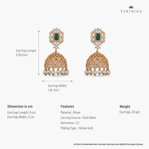 TARINIKA Antique Gold-Plated Indian Jhumka Earring for Women Brass CZ Temple Design Desi Dangle Jewelry Wedding Jewelry Ethnic Occasion Gift for Her (Classic Antique (Green)) - Image 3