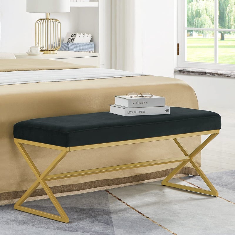 24KF Velvet Upholstered Entryway Bench with Metal Leg Padded Bedroom Bench Seat Cushion with Golden Metal XLegs Black
