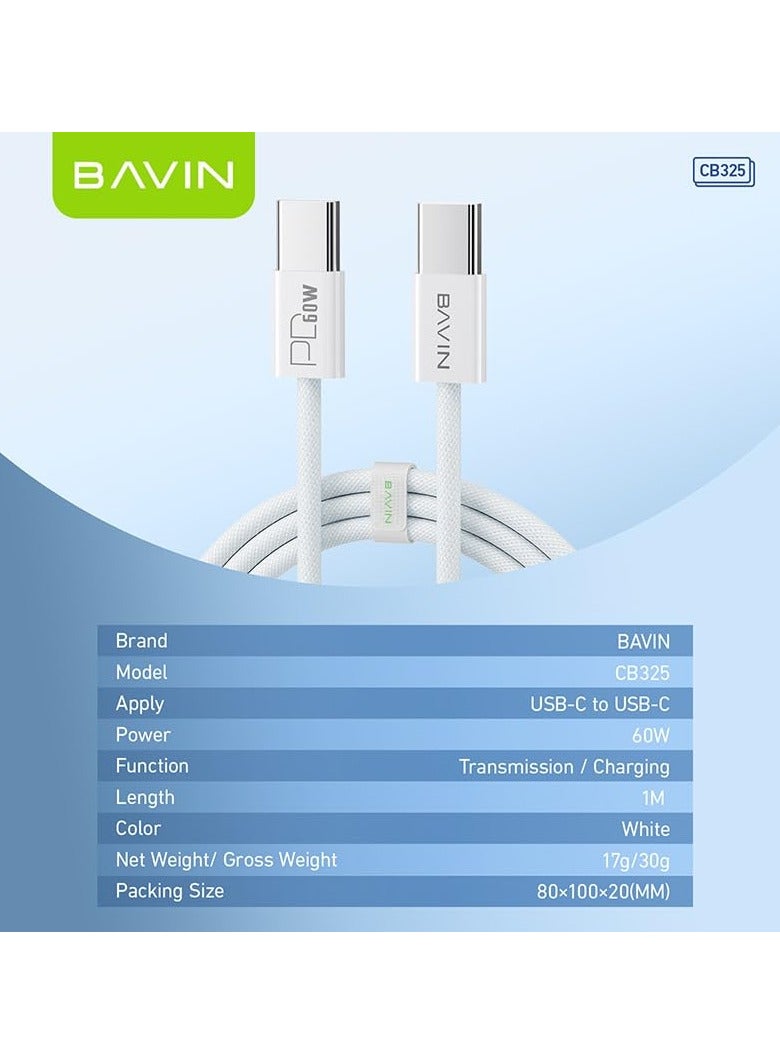 Bavin 1M 60W USB Type C to C Charging Cable for iPhone 15 for Samsung Galaxy S24/A14/A54/S23 FE/S23+/S23 Ultra/A53 5G/S22/A13/A03S/S21S20/A12/A32, white - Image 2