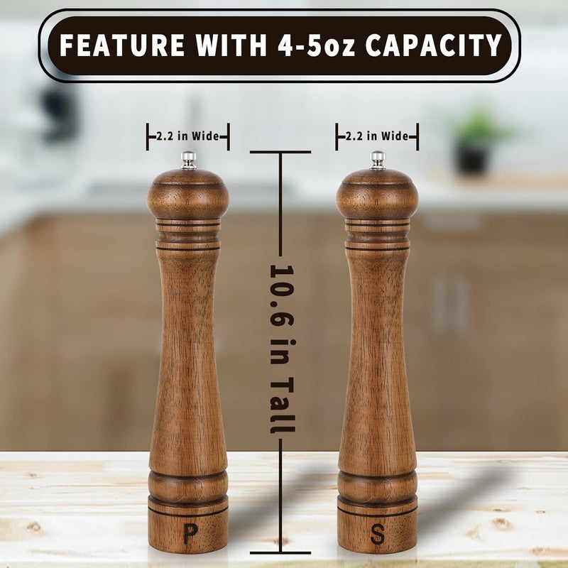 XWXO Pack of 2 Wood Pepper Grinder Set, 10 Inch Salt Mill And Pepper Grinder Set, Pepper Mill, Salt Shakers with Adjustable Ceramic Rotor - Oak Wood Pepper Grinder And Salt Mill for Your Kitchen - Image 3