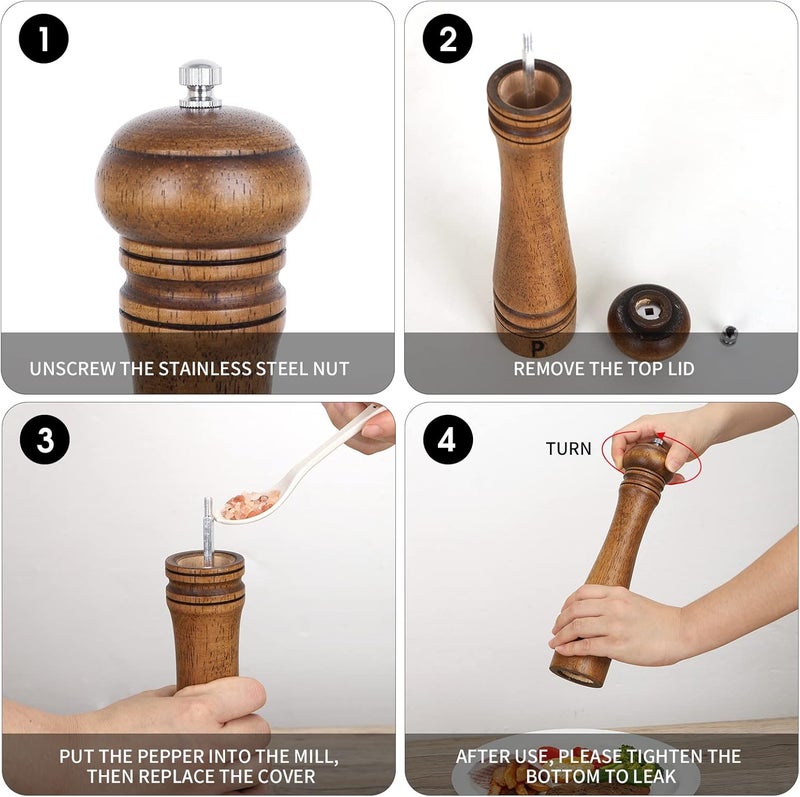 XWXO Pack of 2 Wood Pepper Grinder Set, 10 Inch Salt Mill And Pepper Grinder Set, Pepper Mill, Salt Shakers with Adjustable Ceramic Rotor - Oak Wood Pepper Grinder And Salt Mill for Your Kitchen - Image 4