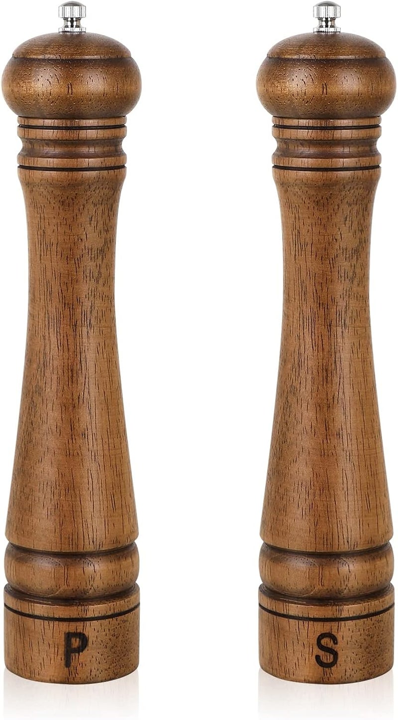 XWXO Pack of 2 Wood Pepper Grinder Set, 10 Inch Salt Mill And Pepper Grinder Set, Pepper Mill, Salt Shakers with Adjustable Ceramic Rotor - Oak Wood Pepper Grinder And Salt Mill for Your Kitchen - Image 1