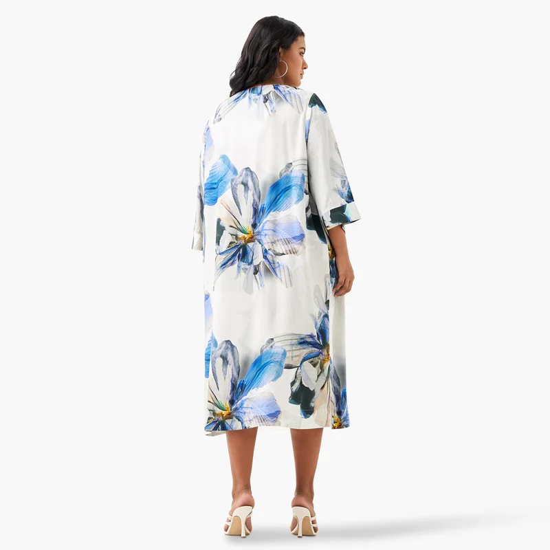 Ulla Popken Plus Size Ulla Popken Floral Print V-Neck Dress with 3/4 Sleeves