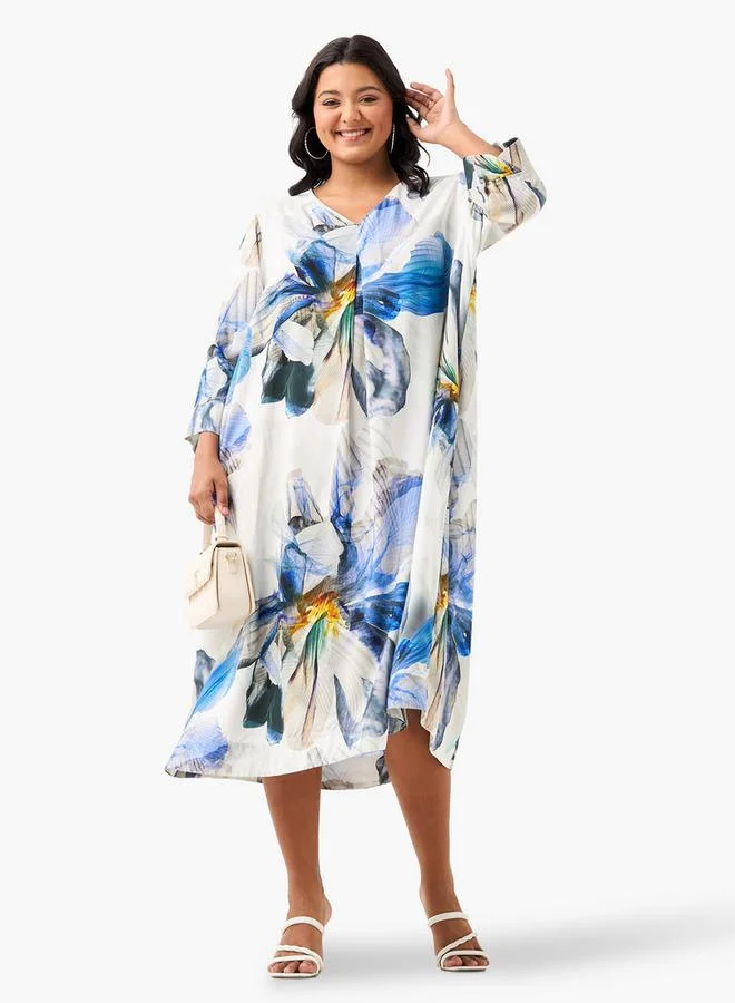 Ulla Popken Plus Size Ulla Popken Floral Print V-Neck Dress with 3/4 Sleeves