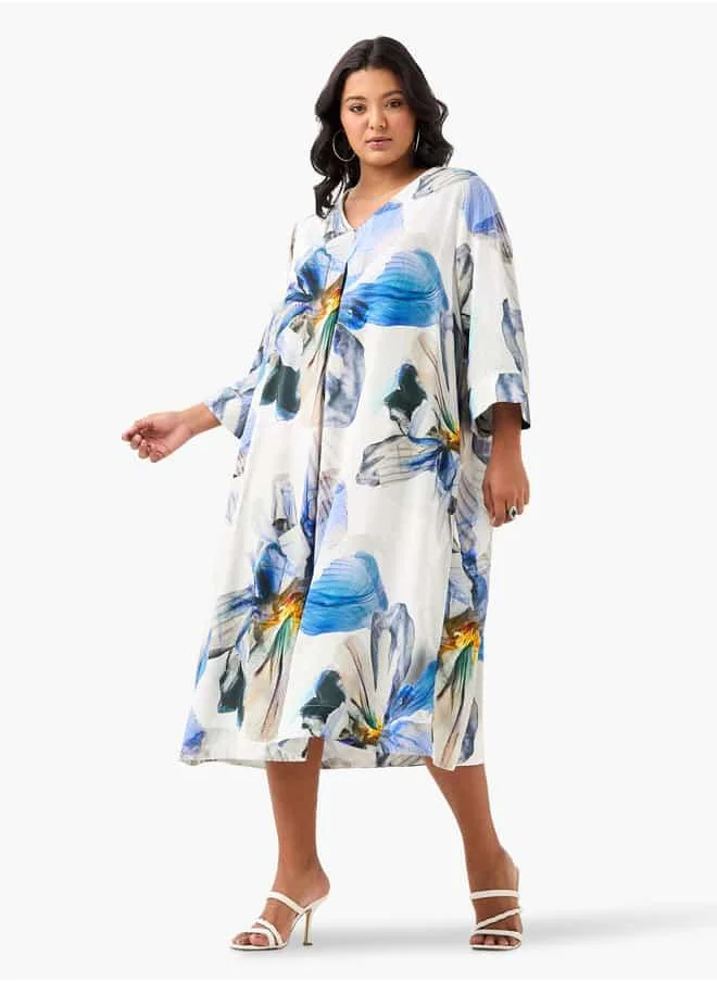 Ulla Popken Plus Size Ulla Popken Floral Print V-Neck Dress with 3/4 Sleeves