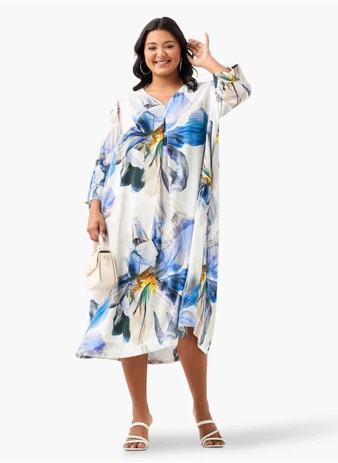  أولا بوبكن Plus Size Ulla Popken Floral Print V-Neck Dress with 3/4 Sleeves