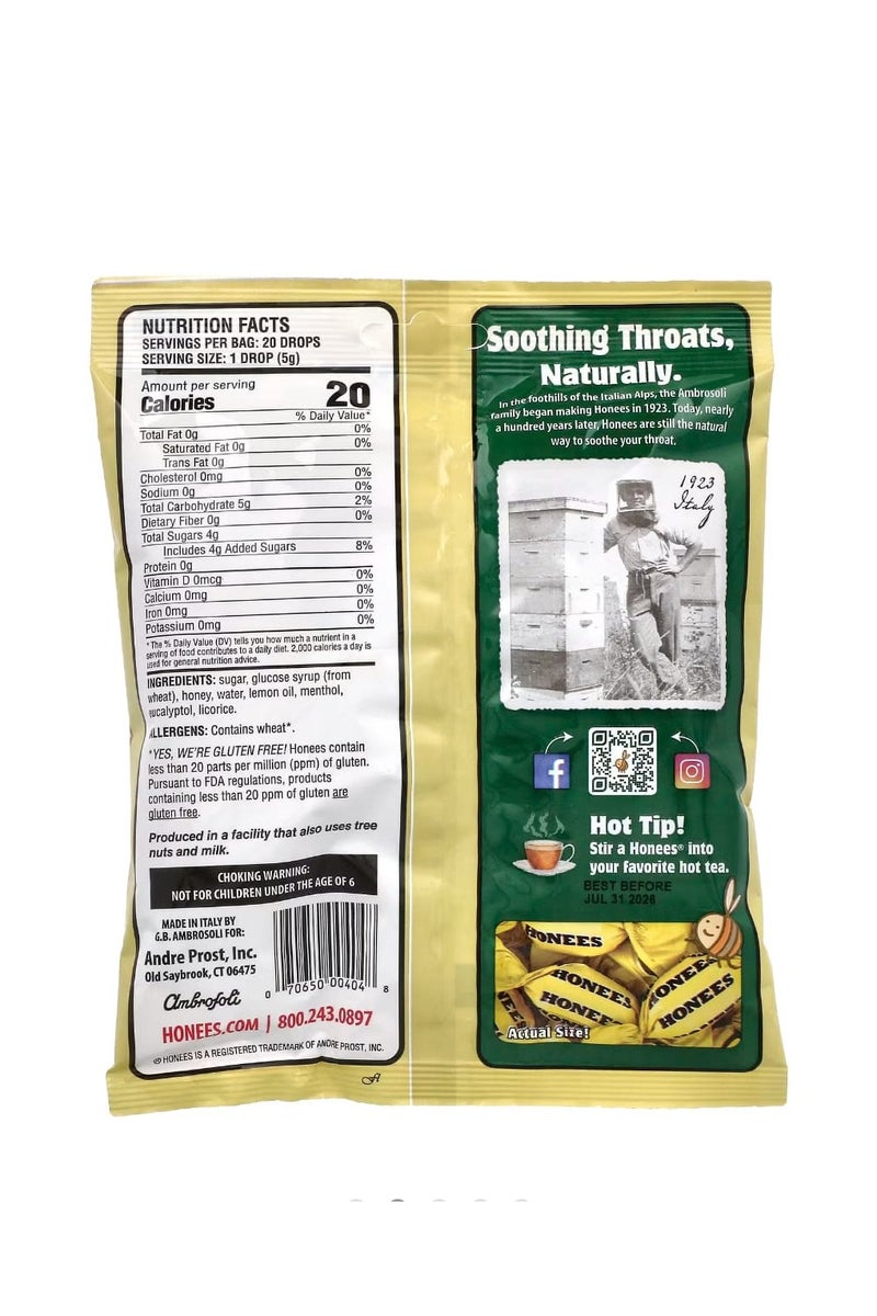 Honees Honey Lemon Menthol Eucalyptus Cough Drops 20 King Sized Drops 3.5 oz (100 g) - Image 2