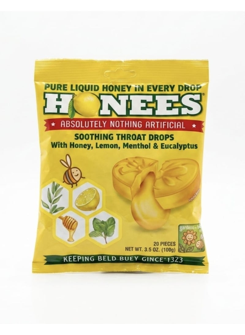 Honees Honey Lemon Menthol Eucalyptus Cough Drops 20 King Sized Drops 3.5 oz (100 g) - Image 1