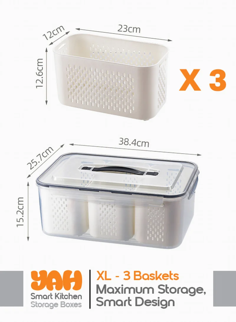 YAH Creation YAH XL Smart Kitchen Storage Box - Airtight, Microwave & Freezer Safe. Fridge & Pantry Organizers - Durable Containers - Draining Baskets (3 Draining Baskets)