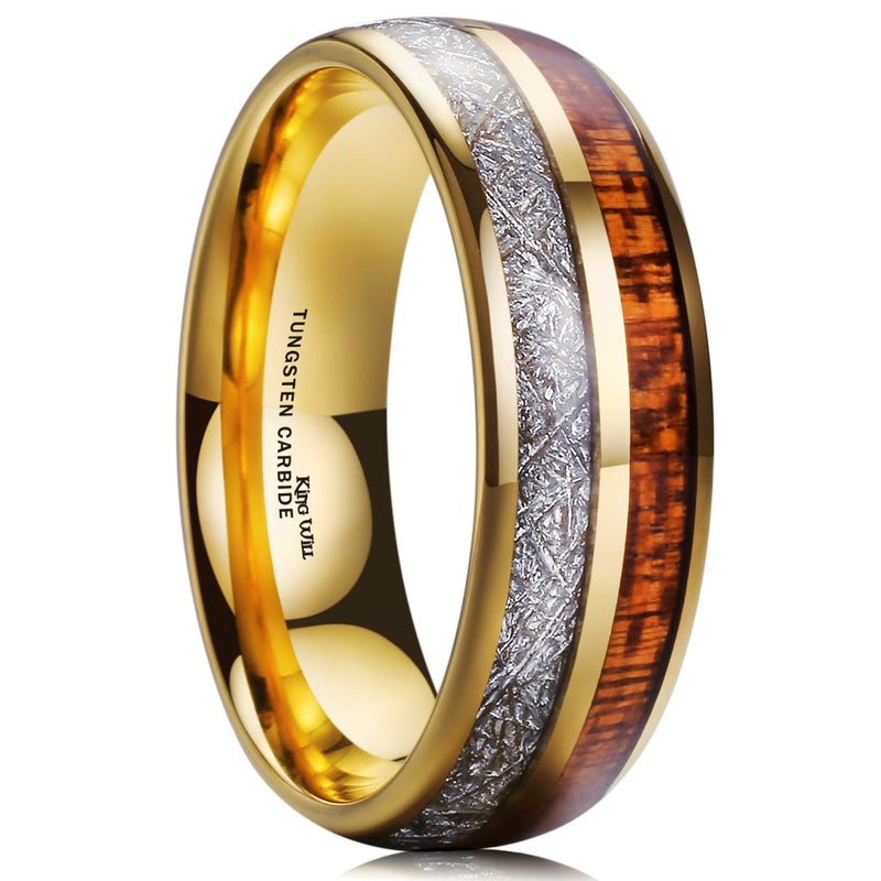 King Will 8mm Tungsten Rings for Men Imitated Meteorite Koa Wood Inlay Mens Gold Wedding Band Engagement Promise Ring Polished Domed Style Comfort Fit Size 12 - Image 1
