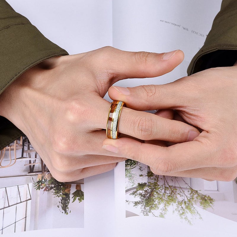 King Will 8mm Tungsten Rings for Men Imitated Meteorite Koa Wood Inlay Mens Gold Wedding Band Engagement Promise Ring Polished Domed Style Comfort Fit Size 12 - Image 5