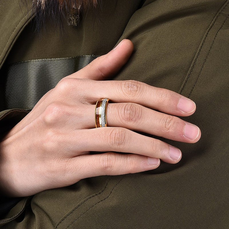 King Will 8mm Tungsten Rings for Men Imitated Meteorite Koa Wood Inlay Mens Gold Wedding Band Engagement Promise Ring Polished Domed Style Comfort Fit Size 12 - Image 4