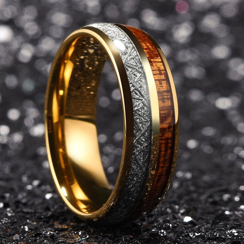 King Will 8mm Tungsten Rings for Men Imitated Meteorite Koa Wood Inlay Mens Gold Wedding Band Engagement Promise Ring Polished Domed Style Comfort Fit Size 12 - Image 2