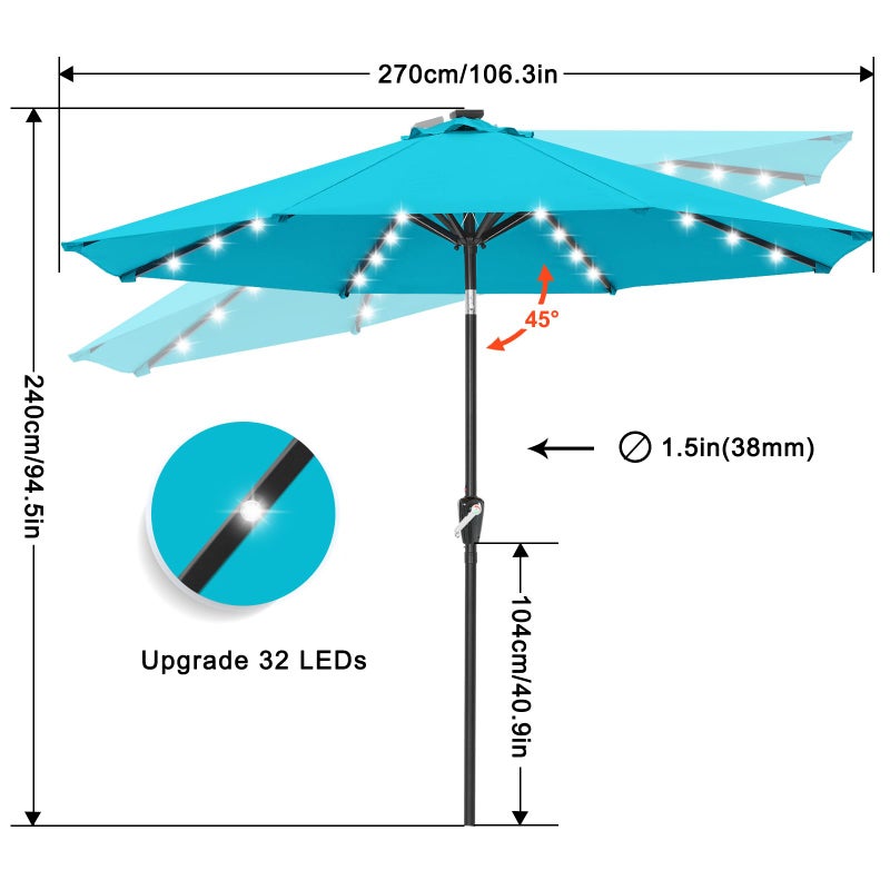 ABCCANOPY Durable Solar Led Patio Umbrellas with 32LED Lights 9FT (Turquoise) - Image 3