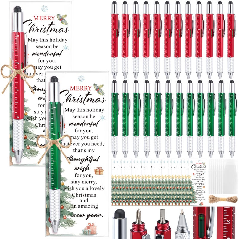 Pajean 24 Set Christmas Gifts Bulk for Men 6 in 1 Multi Tool Pens with Ruler Level Stylus Screwdriver Christmas Bookmark Card for Men Dad Husband Staff Coworker Church Xmas Holiday Party FavorsXmas - Image 2