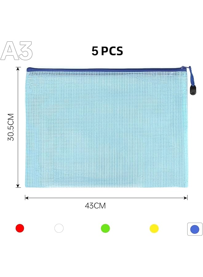 erorex 5 Pack 5 Colors File Bags A3 43*31Cm Zipper Mesh Document Pouch Waterproof Zip Bags For Storage Plastic Water Resistant File Bags For School Office Supplies Cosmetics Travel Storage  - Image 2